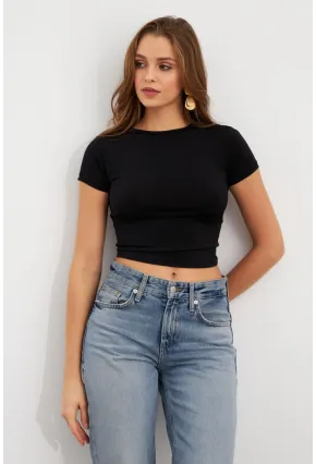 Kadın Siyah Basic Kısa Kollu Bluz UG2444