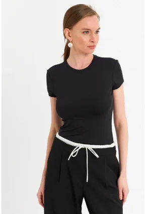 Kadın Siyah Basic T-Shirt FLS07