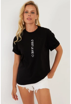 Kadın Siyah Baskılı T-Shirt AYD356