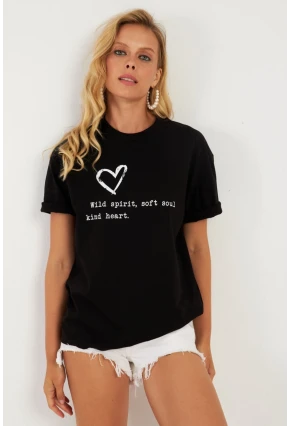 Kadın Siyah Baskılı T-Shirt AYD360