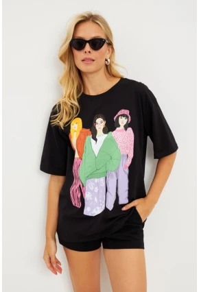 Kadın Siyah Baskılı T-Shirt DY1329