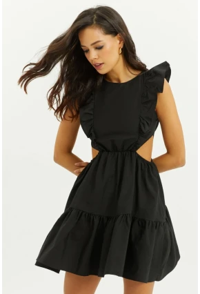 Kadın Siyah Bel Dekolteli Volanlı Mini Elbise SF1523