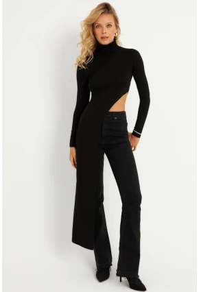 Kadın Siyah Beli Açık Asimetrik Balıkçı Uzun Bluz EY2902