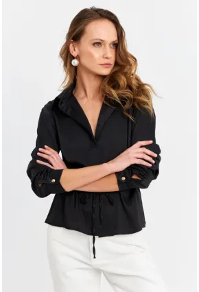 Kadın Siyah Beli Bağlamalı Saten Gömlek MMRS4212