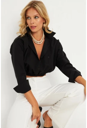 Kadın Siyah Beli Lastikli Gömlek ELT3835