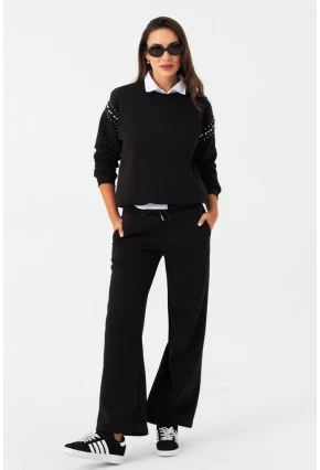 Kadın Siyah Beli Lastikli Palazzo Eşofman Altı ZM30