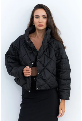 Kadın Siyah Beli Lastikli Yarasa Kol Şişme Mont MX11