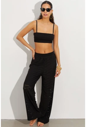 Kadın Siyah Beli Lastikli Yarım Astarlı Brode Pantolon TW80018