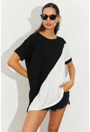 Kadın Siyah-Beyaz Asimetrik Bloklu Bluz ST2024