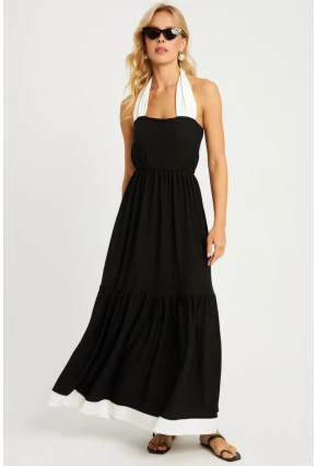 Kadın Siyah-Beyaz Bürümcük Volanlı Midi Elbise EY2836