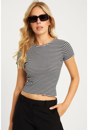 Kadın Siyah-Beyaz Çizgili Bluz XL2005