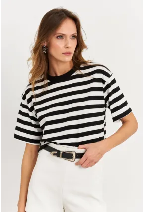 Kadın Siyah-Beyaz Çizgili Crop Bluz KY7145