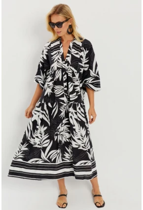 Kadın Siyah-Beyaz Desenli Salaş Maxi Elbise GÇ166