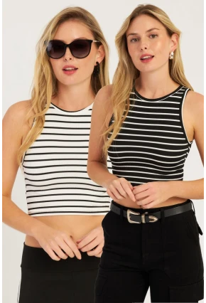 Kadın Siyah-Beyaz İkili Çizgili Crop Bluz CG346
