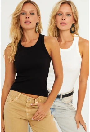 Kadın Siyah-Beyaz İkili Halter Yaka Fitilli Bluz MK12