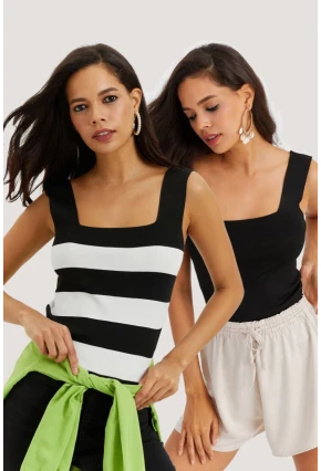 Kadın Siyah-Beyaz İkili Kare Yaka Triko Bluz YV126