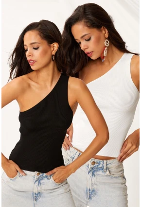 Kadın Siyah-Beyaz İkili Tek Omuz Triko Bluz YV155