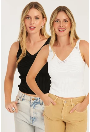Kadın Siyah-Beyaz İkili V Yaka Triko Bluz SMT227