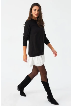 Kadın Siyah-Beyaz Leopar  Desenli Sweat Elbise B16