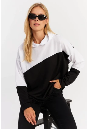 Kadın Siyah-Beyaz Renk Bloklu Kapüşonlu Sweatshirt DA148
