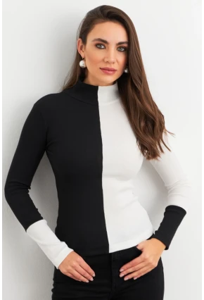 Kadın Siyah-Beyaz Renk Bloklu Kaşkorse Bluz EY3033