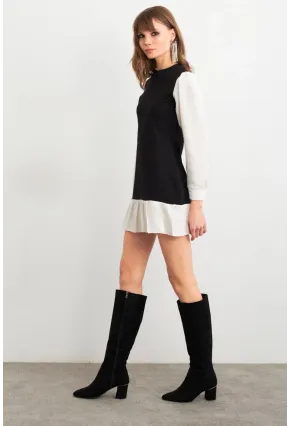 Kadın Siyah-Beyaz Renk Bloklu Mini Elbise HOR0052