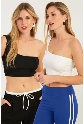 Kadın Siyah-Beyaz Tek Omuz İkili Crop Bluz CG347