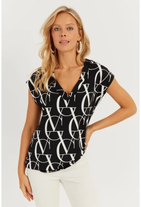 Kadın Siyah-Beyaz V Yaka Desenli Bluz AYD293