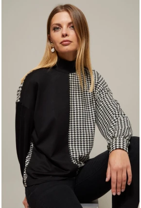 Kadın Siyah-Beyaz Yarım Balıkçı Kazayağı Desen Bluz Yİ2037