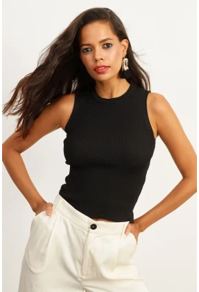 Kadın Siyah Bisiklet Yaka Triko Bluz YV91