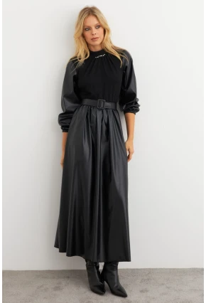 Kadın Siyah Bloklu Taşlı Elbise MALZ101