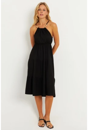 Kadın Siyah Boncuk Detaylı Bürümcük Midi Elbise HO52