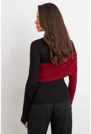 Kadın Siyah-Bordo Bloklu Bluz EY3018