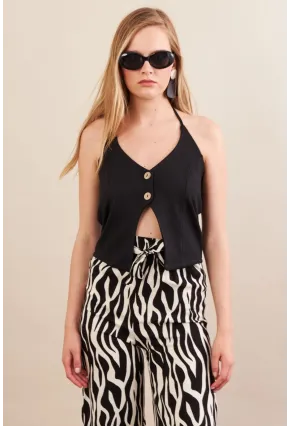 Kadın Siyah Boyun Bağlamalı Düğmeli Yelek FLU7304