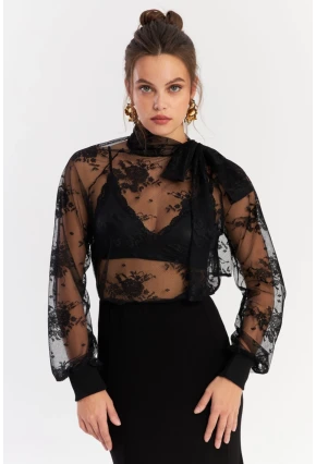 Kadın Siyah Boyun Bağlamalı Tül Bluz EY2929