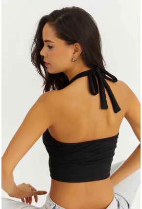 Kadın Siyah Boyundan Bağlamalı Crop Bluz EY1480