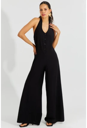 Kadın Siyah Boyundan Bağlamalı Gipeli Salaş Tulum BK1660