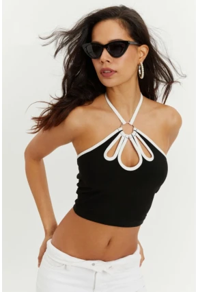 Kadın Siyah Boyundan Bağlamalı Halkalı Crop Bluz B1809