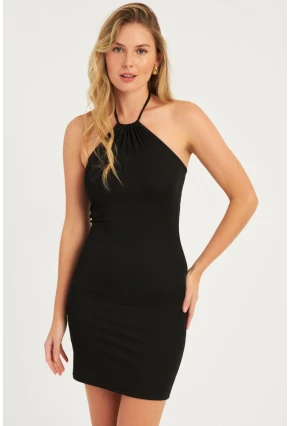 Kadın Siyah Boyundan Bağlamalı Mini Elbise CG344