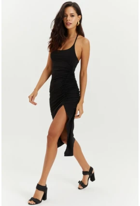 Kadın Siyah Boyundan Bağlamalı Yanı Büzgülü Elbise YEL21