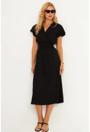 Kadın Siyah Bürümcük Kruvaze Midi Elbise XL2008