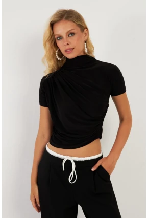 Kadın Siyah Büzgülü Bluz LPP1287