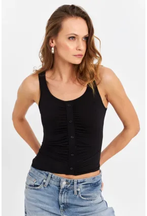 Kadın Siyah Büzgülü Bluz RLO117