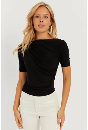 Kadın Siyah Büzgülü Bluz YZ623