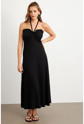 Kadın Siyah Büzgülü Bürümcük Midi Elbise EY3096