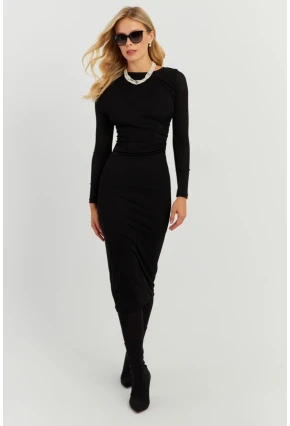 Kadın Siyah Büzgülü Buzi Midi Elbise KED147