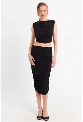 Kadın Siyah Büzgülü Crop Etek Takım ELT181