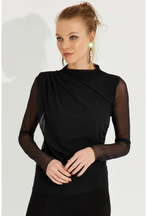 Kadın Siyah Büzgülü Drapeli Tül Bluz LPP1244