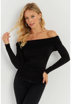 Kadın Siyah Büzgülü Madonna Bluz MON1119