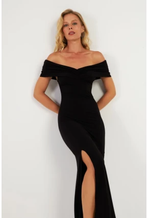 Kadın Siyah Büzgülü Midi Elbise DMR965